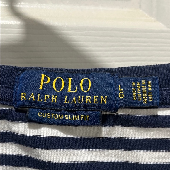 Preowned Ralph Lauren Custom Slim Fit TShirt Size Medium  Blue Striped Logo Polo - Picture 3 of 11